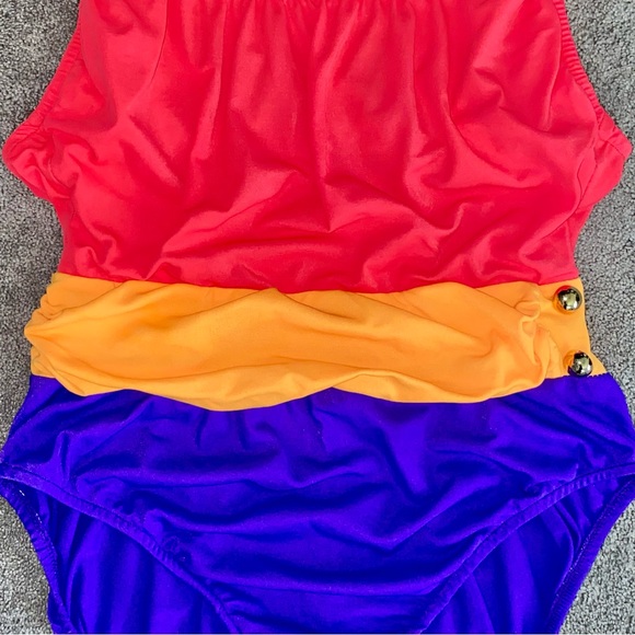L 12 VTG Le Cove 90’s Neon Colorblock Low Back One Piece Ruched Swimsuit - Picture 4 of 12